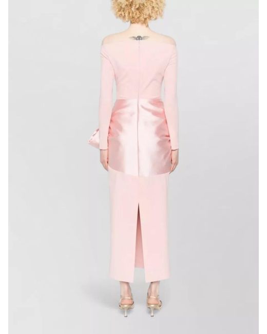 Solace London Pink Rhianne Off Shoulder Satin Bow Midi Dress