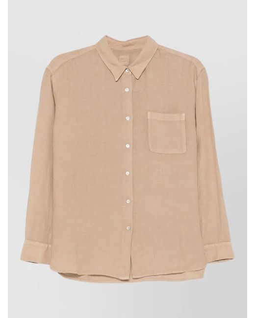 120% Lino Natural Linen Shirt Long Sleeves Chest Pocket Collar