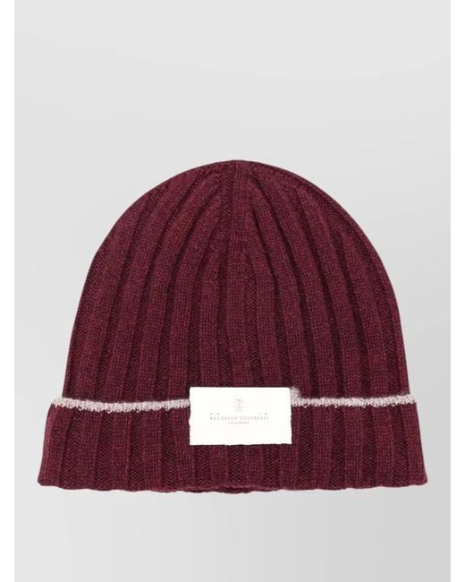 Brunello Cucinelli Red Cashmere Beanie Contrast Stripe Cuffed Ribbed for men