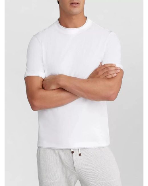 Brunello Cucinelli White Cotton Double Layer Crew Neck T-Shirt for men