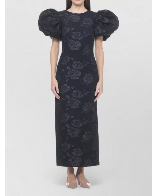 ROTATE BIRGER CHRISTENSEN Blue Jacquard Floral Puff-Sleeve Maxi Dress