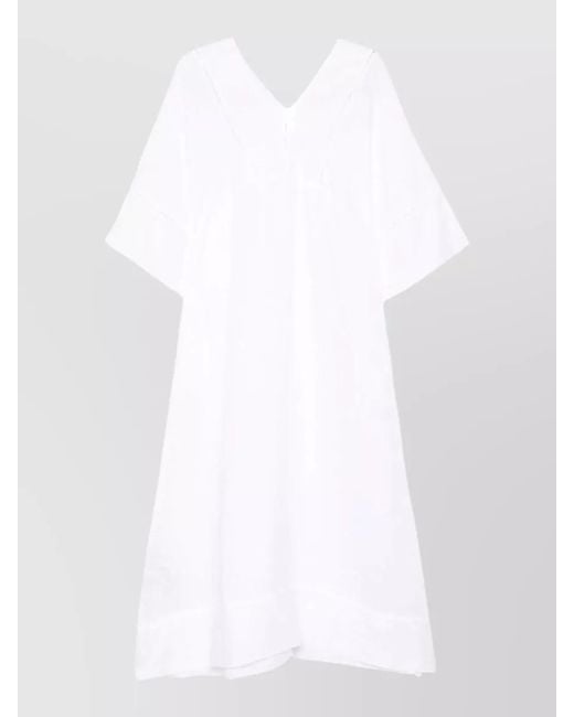 120% Lino White Linen Kaftan Dress V Neckline Contrast