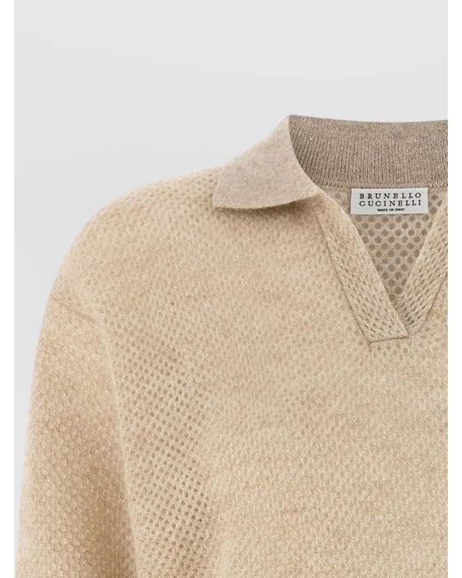 Brunello Cucinelli Natural Waffle-Knit Long-Sleeve Polo Top