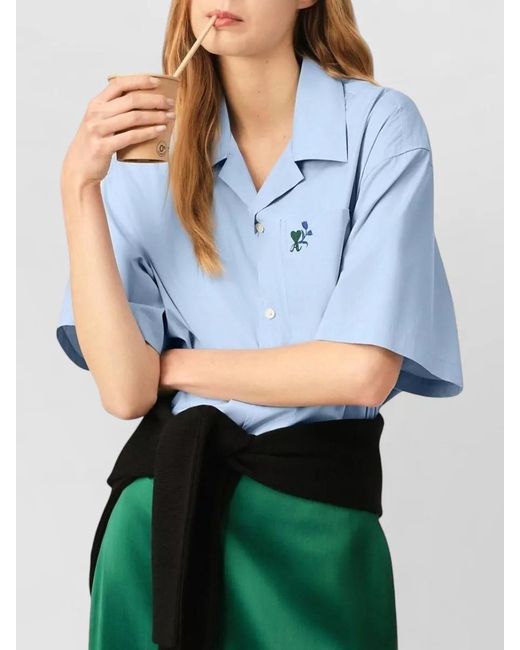 AMI Blue Short Sleeve Shirt Straight Cut Embroidered Pocket