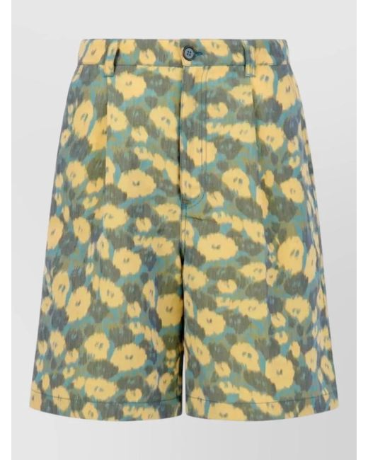 Marni Green Pleated Floral Print Linen Blend Shorts for men