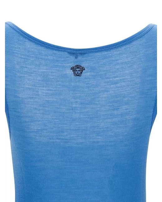 Versace Blue Medusa Scoop Neck Sleeveless Ribbed Tank