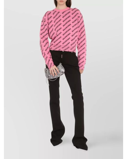 Balenciaga Pink Jacquard Logo Crew Neck Sweater