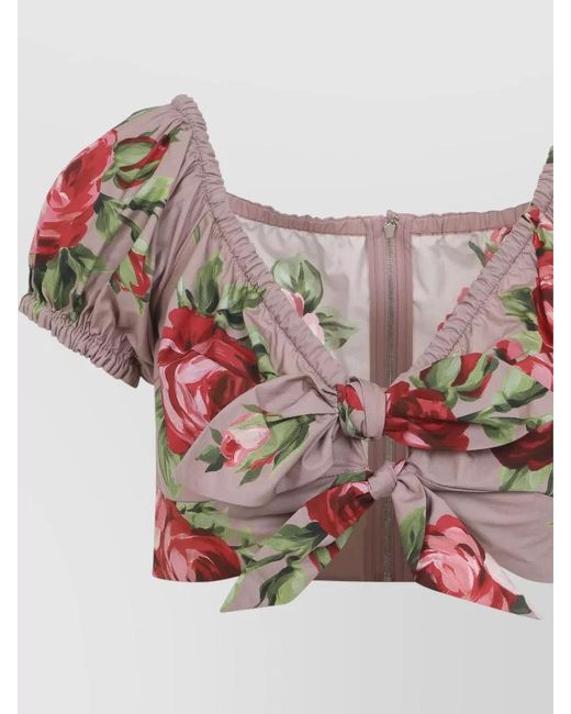 Dolce & Gabbana Pink Cotton Floral-Print V-Neck Cropped Blouse