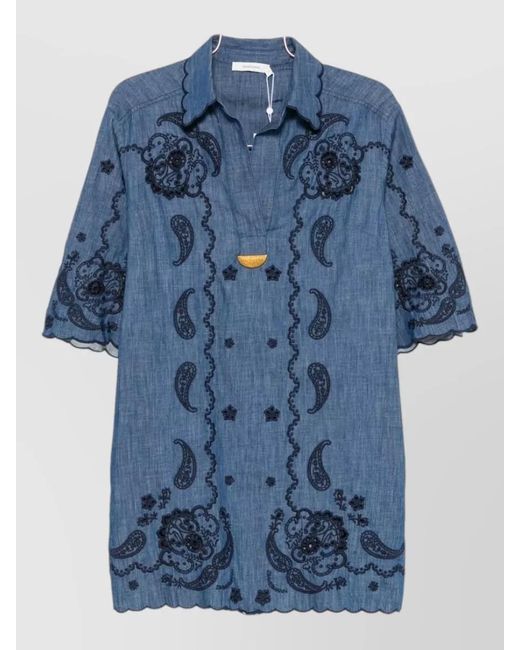 Zimmermann Blue Aster Denim Mini Dress Paisley Embroidery Scalloped