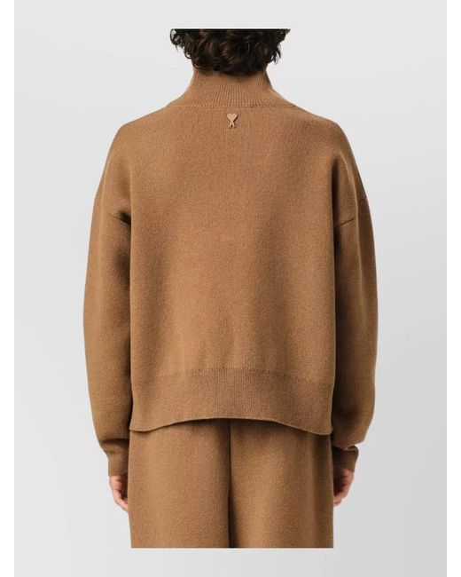 AMI Brown Wool High-Neck Classic-Fit Buttoned Sweater for men