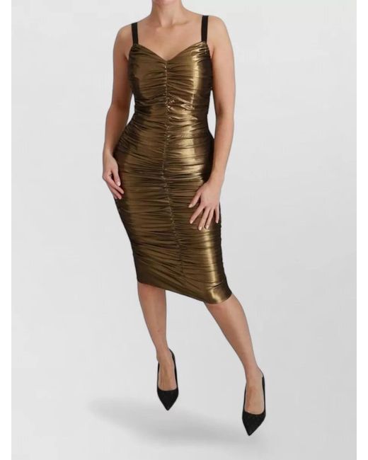 Dolce & Gabbana Green Silk Sweetheart Neck Ruched Midi Dress