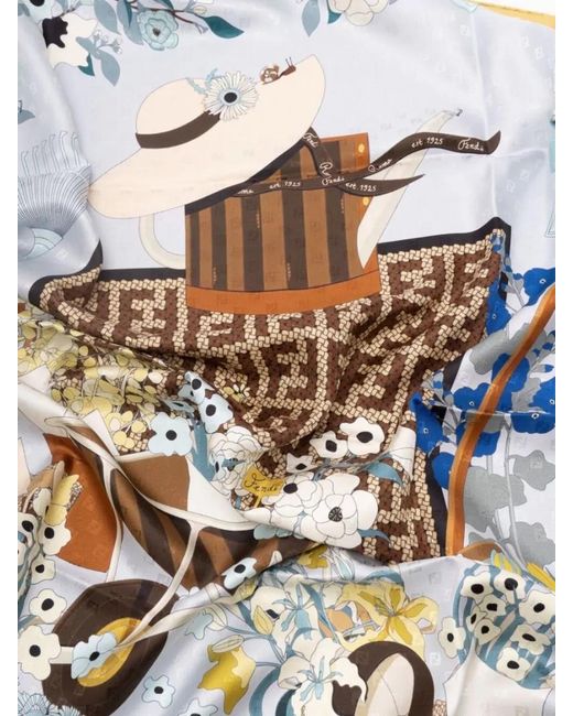 Fendi Blue Floral-Print Logo-Print Silk Foulard