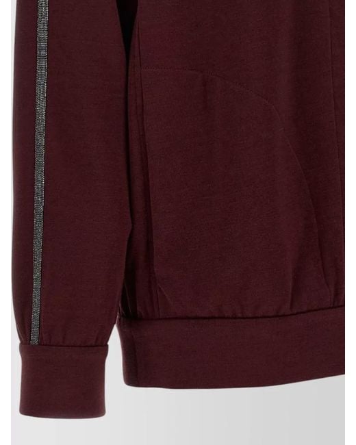 Brunello Cucinelli Red Cotton Blend Hoodie Raglan Shoulders Side Stripes