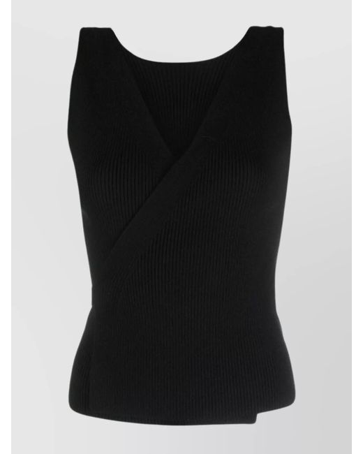 Patou Black Merino Wool Ribbed Wrap V-Neck Sleeveless Top