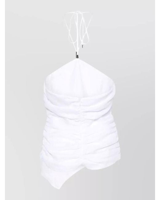 Semicouture White Linen Halterneck Top Ruched Asymmetric Hem