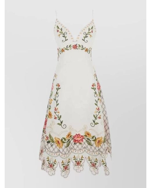 Farm Rio White Floral Embroidered Midi Dress V Neck