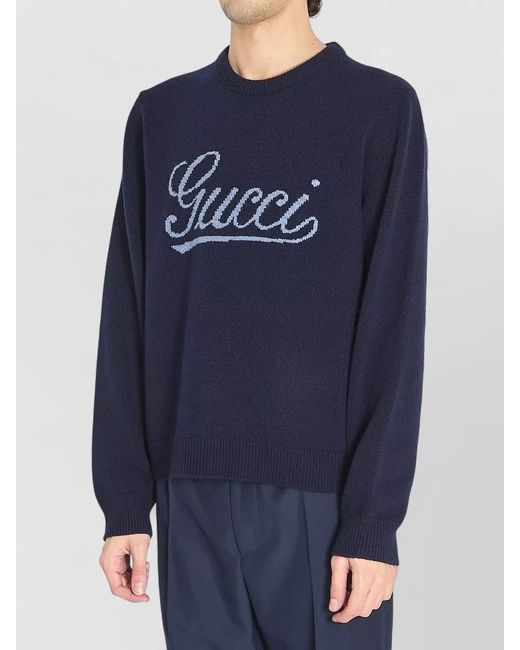 Gucci Blue Wool Ribbed Regular-Fit Crew-Neck Sweater for men