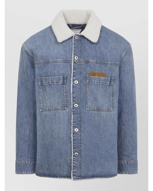Bottega Veneta Blue Shearling Denim Jacket Intrecciato Leather Detail for men