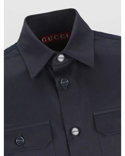 Gucci Blue Cotton Logo-Pattern Long-Sleeve Shirt for men