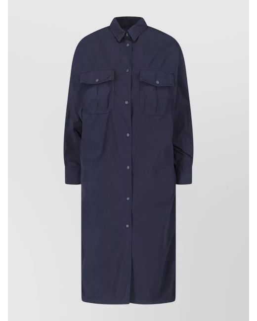 Aspesi Blue Long Sleeve Collared Coat Chest And Side Pockets