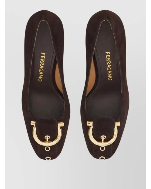 Ferragamo Brown Leather Pumps Mid Heel Round Toe Strap