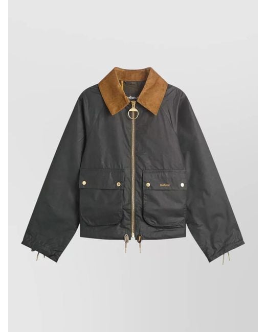 Barbour Gray Waxed Cotton Cropped Fitted Jacket