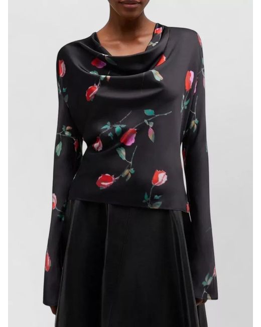 Ganni Black Printed Satin Cowl Neck Blouse