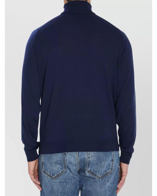 John Smedley Blue Merino Wool Ribbed Turtleneck Jumper for men