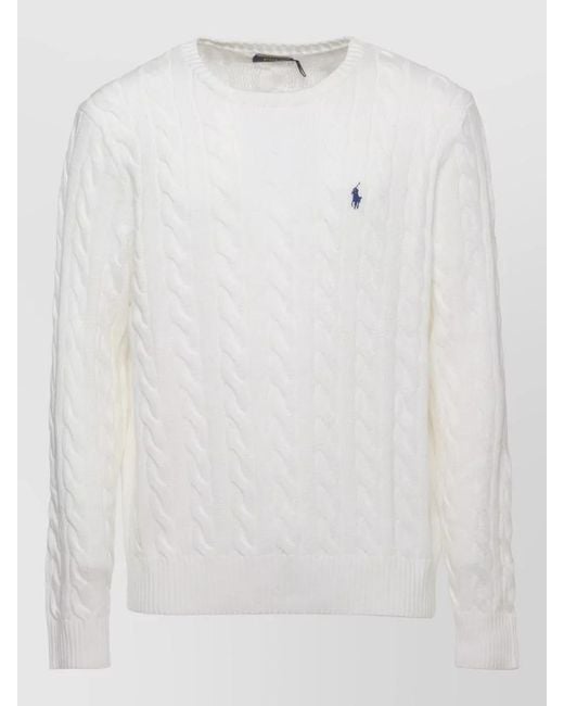 Ralph Lauren White Braided Cable Knit Crew Neck Sweater for men