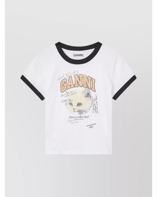 Ganni White Cat Graphic Organic Cotton T-Shirt