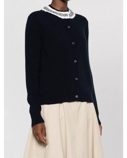 Prada Blue Knit Cardigan Embellished Collar Long Sleeves