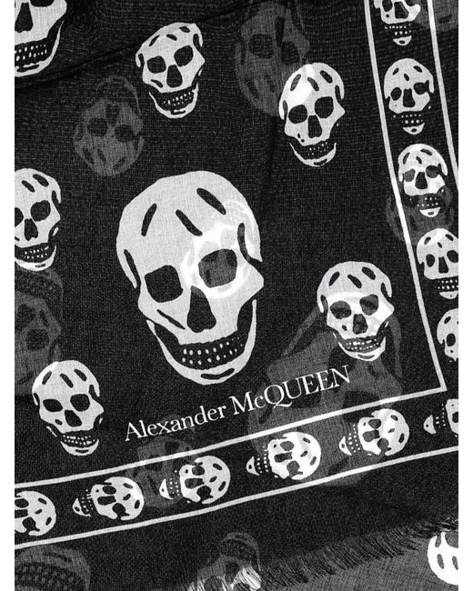 Alexander McQueen Black Fringed Skull Print Rectangular Scarf