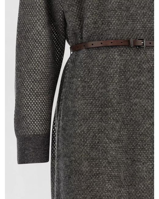 Brunello Cucinelli Gray Knit Midi Dress Lamé Belt Monile Detail