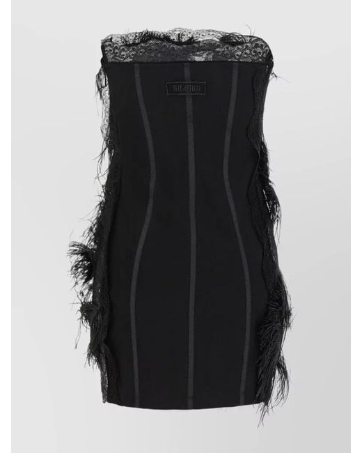 The Attico Black Strapless Lace Feather Bodycon Dress