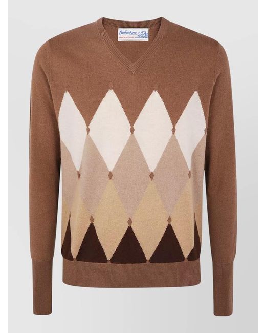 Ballantyne Brown V Neck Pullover Argyle Pattern Knit for men