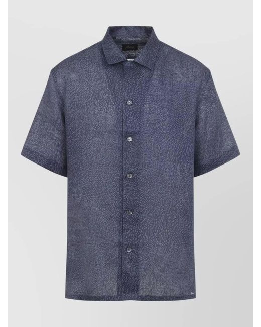 Brioni Blue Cuban Bowling Collar Linen Shirt Print for men