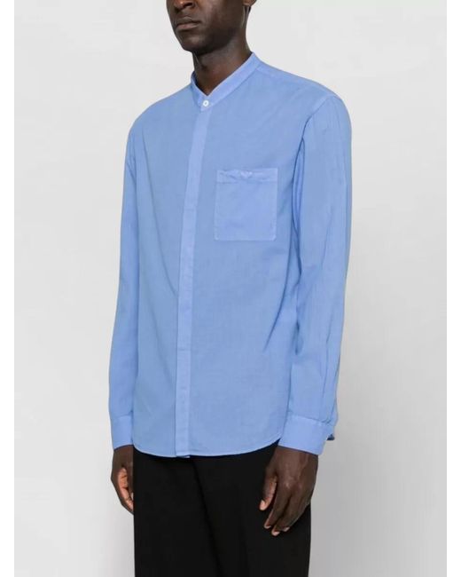 Emporio Armani Blue Cotton Shirt Mandarin Collar Long Sleeves for men