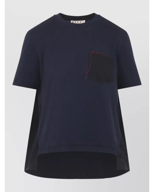 Marni Blue Cotton Asymmetric Logo-Patch T-Shirt