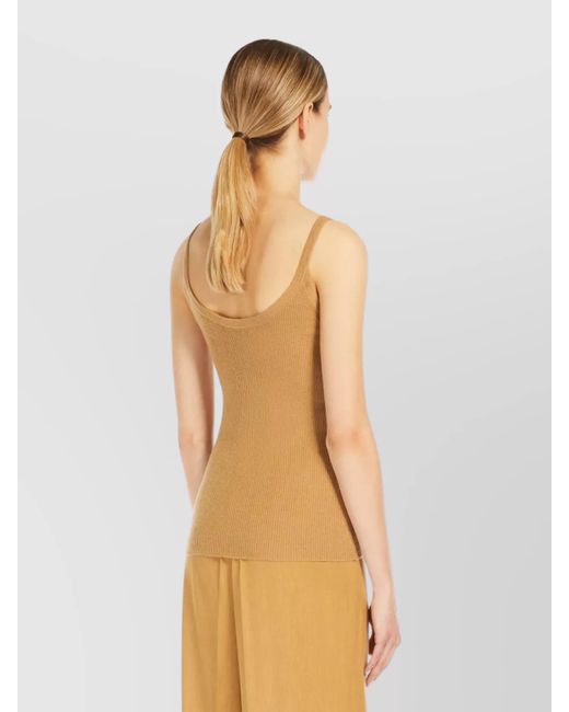 Max Mara Brown Silk Cashmere Ribbed V-Neck Sleeveless Top