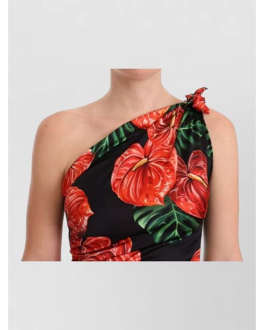 Dolce & Gabbana Red Silk Floral Print One-Shoulder Draped Midi Dress