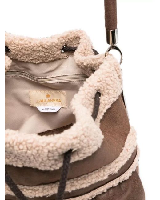 La Milanesa Natural Shearling Trim Bucket Bag