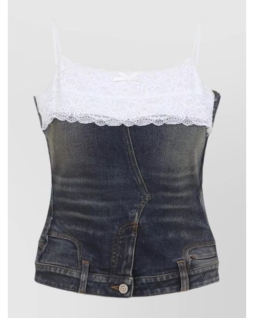 Balenciaga Blue Denim Patched Rhinestone-Embellished Tank Top
