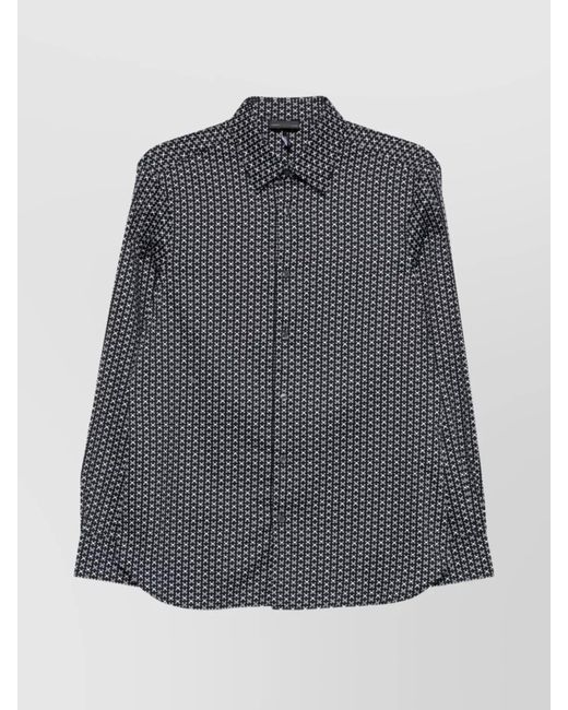 Emporio Armani Gray Geometric Print Cotton Shirt With Button-Down Collar for men