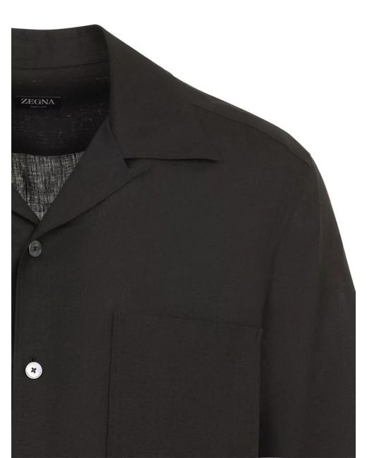Zegna Black Oasi Linen Shirt Cuban Collar Short Sleeves for men
