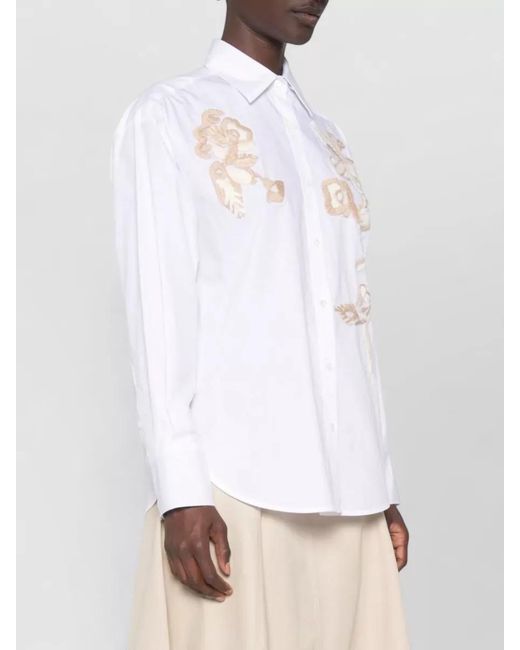 ERMANNO FIRENZE White Floral Embroidery Shirt Relaxed Fit Curved Hem