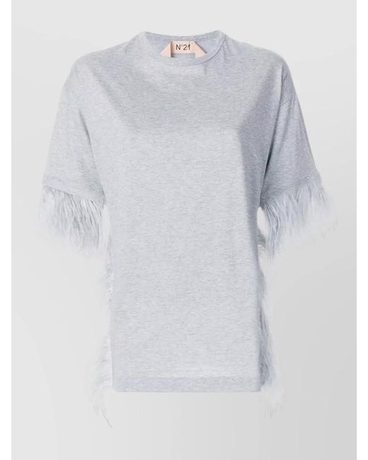 N°21 White Jersey T Shirt Feather Trim Round Neck