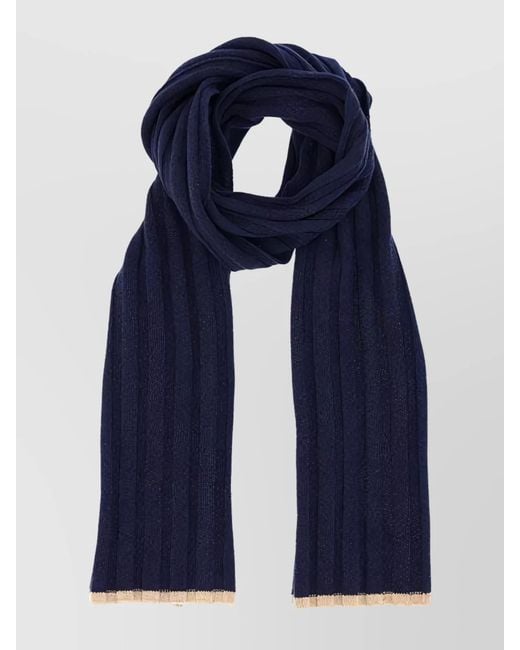Brunello Cucinelli Blue Ribbed Texture Scarf Contrasting Border for men