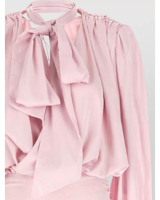 ROTATE BIRGER CHRISTENSEN Pink Floral-Print Draped V-Neck Long-Sleeve Mini Dress