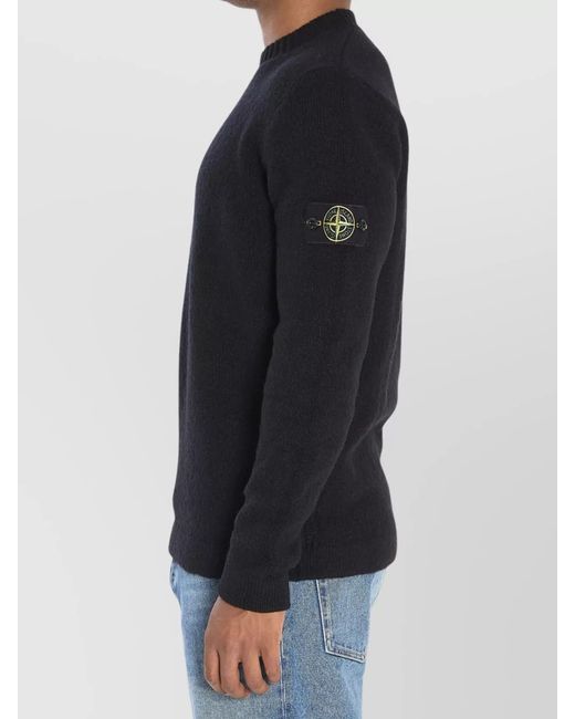 Stone Island Black Brushed Ribbed Crew Neck Wool Blend Sweater for men