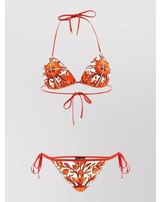Dolce & Gabbana Red Maiolica Triangle Bikini Floral Print Hardware